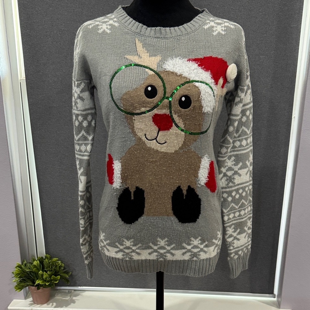 Ardene Gray Reindeer Sweater with Red and Green Accents